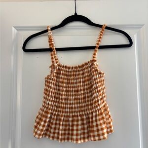 SO Gingham Smocked Tank Top - Orange/Brown and White Size XS